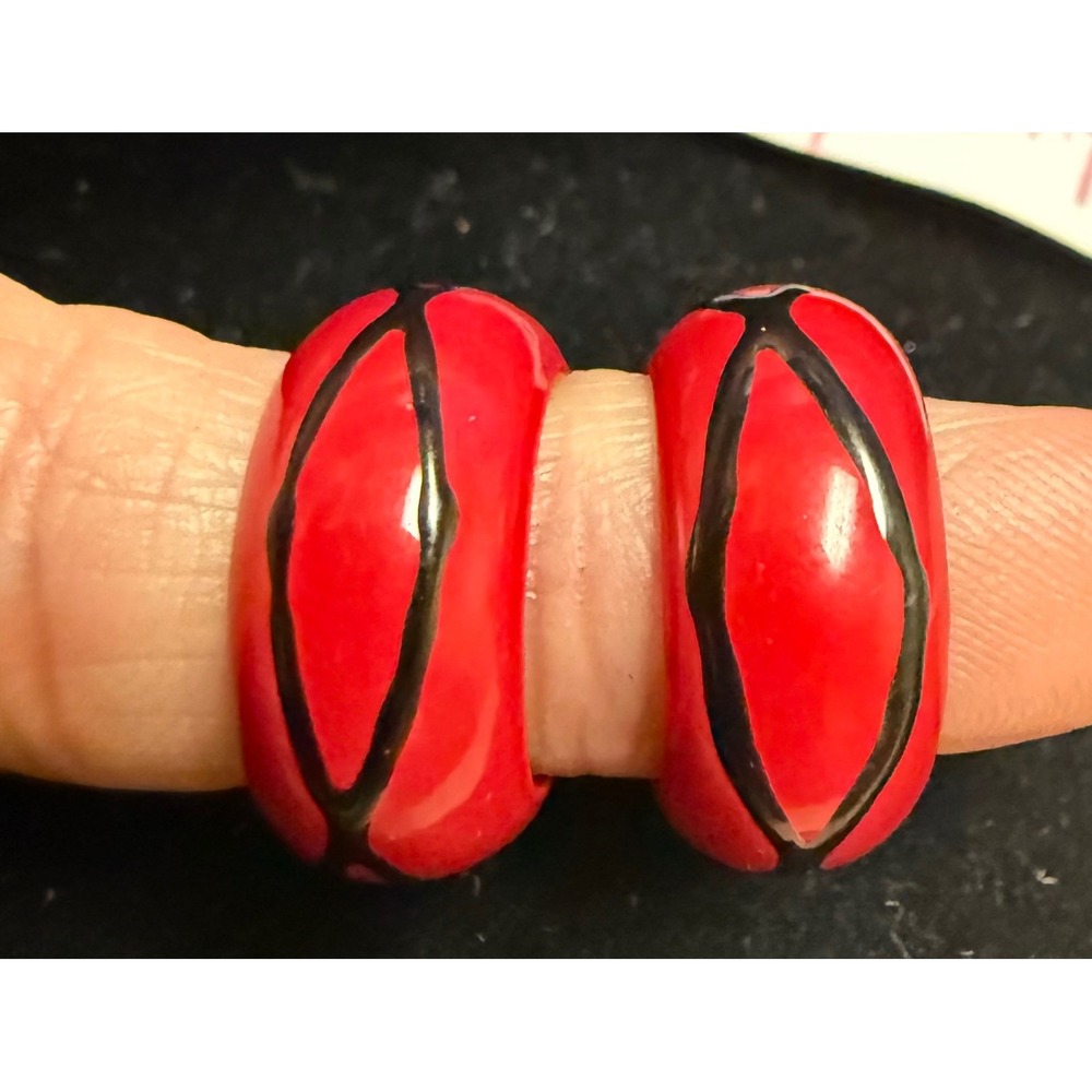 Vintage Red Black Enamel Chunky Small Hoop Earrings Abstract Post Back‎ Jewelry